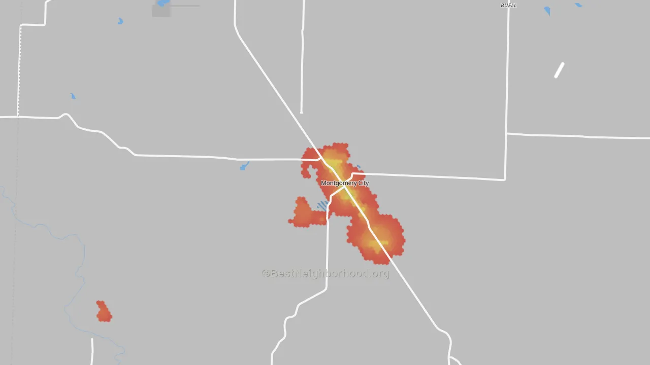 Walk Grade map of Montgomery City, MO, walkable areas in green and car-dependent areas in red