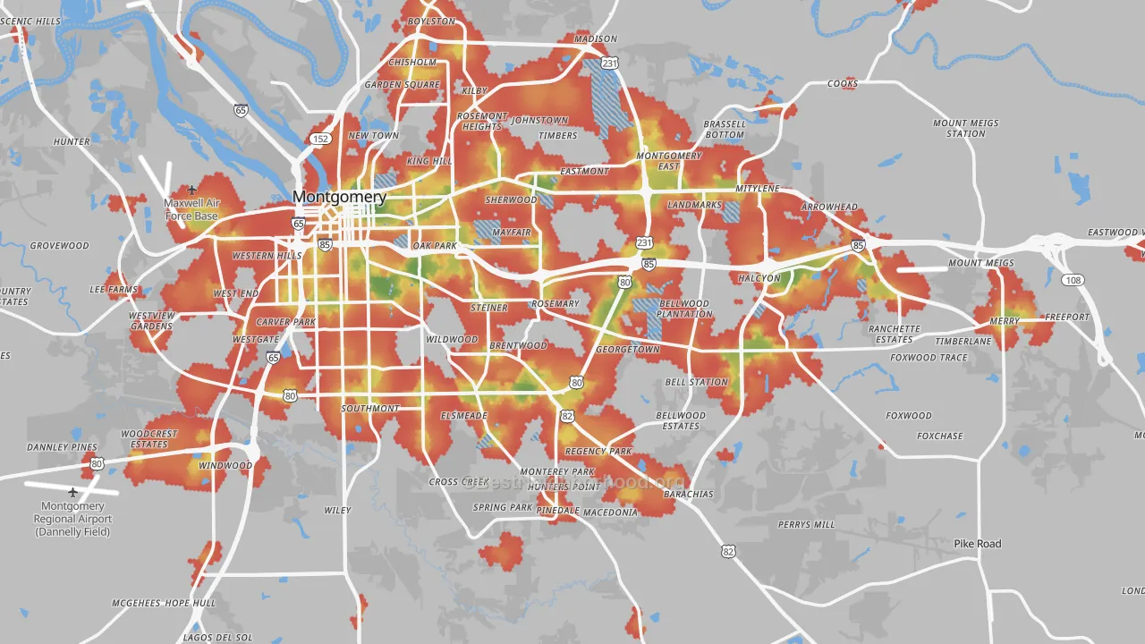 Walk Grade map of Montgomery County, AL, walkable areas in green and car-dependent areas in red
