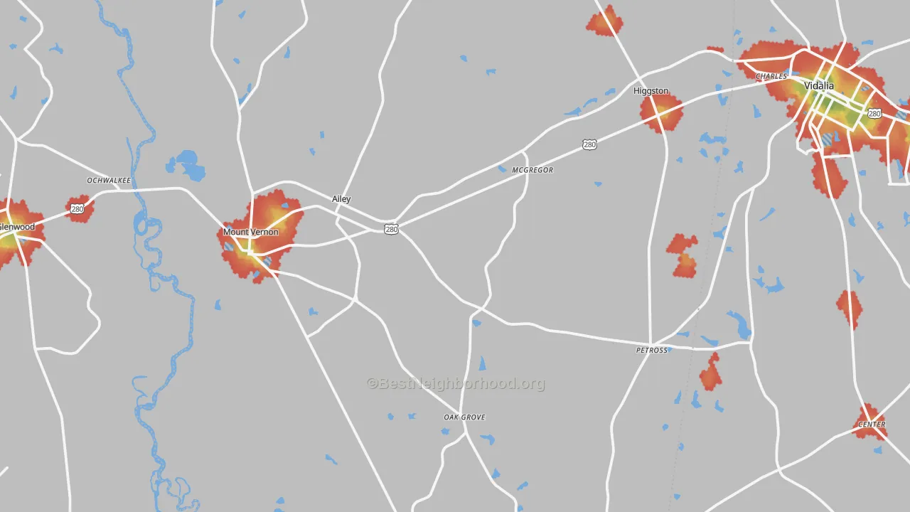 Walk Grade map of Montgomery County, GA, walkable areas in green and car-dependent areas in red