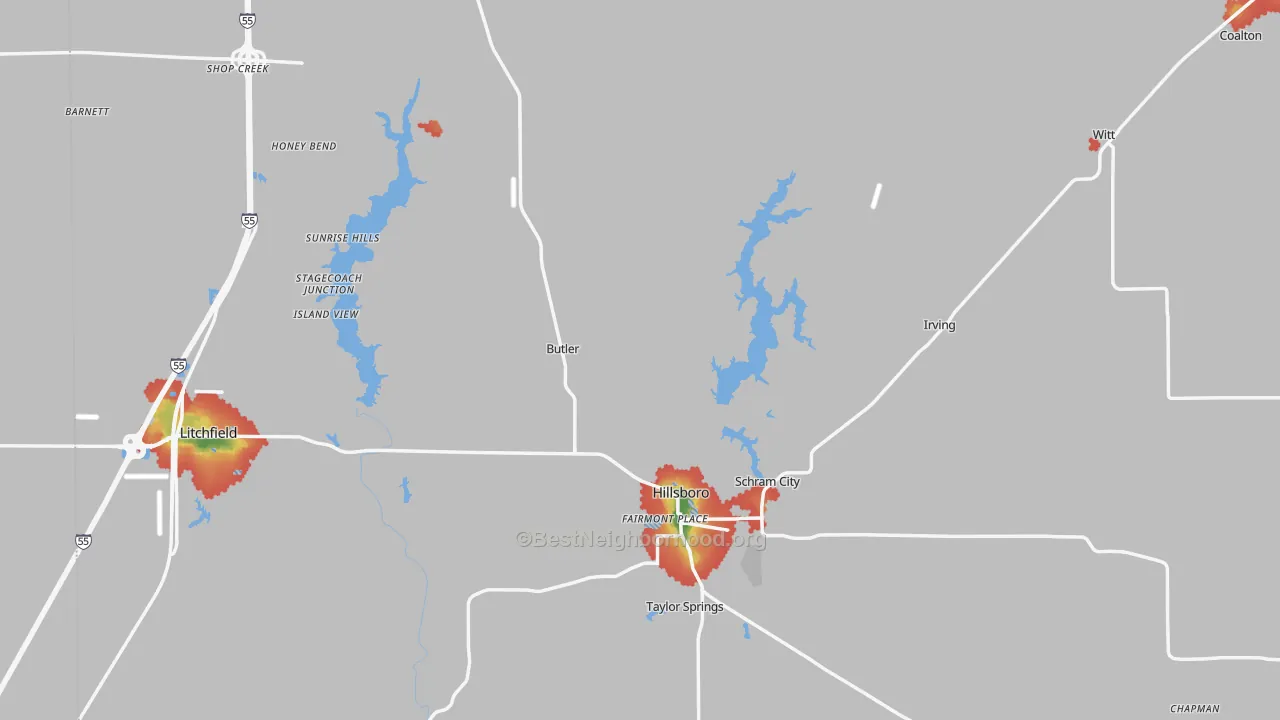Walk Grade map of Montgomery County, IL, walkable areas in green and car-dependent areas in red