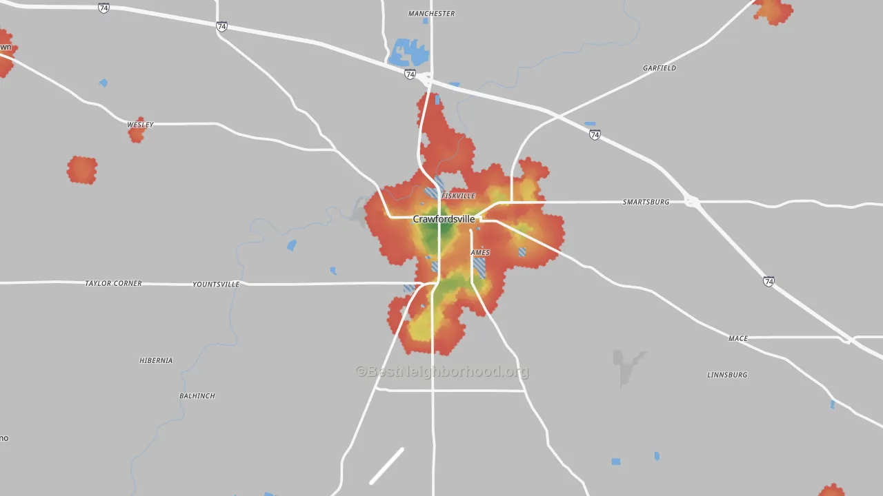Walk Grade map of Montgomery County, IN, walkable areas in green and car-dependent areas in red