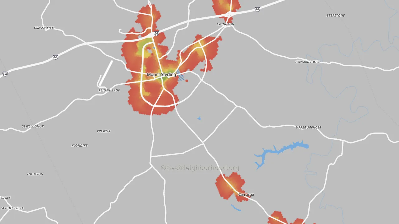Walk Grade map of Montgomery County, KY, walkable areas in green and car-dependent areas in red