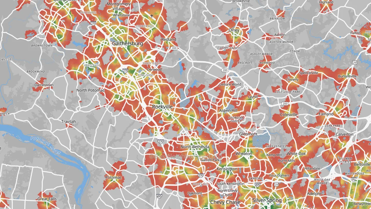 Walk Grade map of Montgomery County, MD, walkable areas in green and car-dependent areas in red