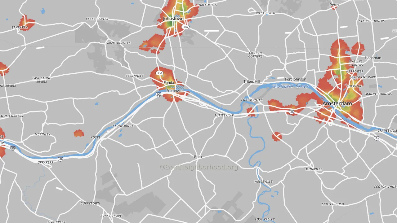 Walk Grade map of Montgomery County, NY, walkable areas in green and car-dependent areas in red