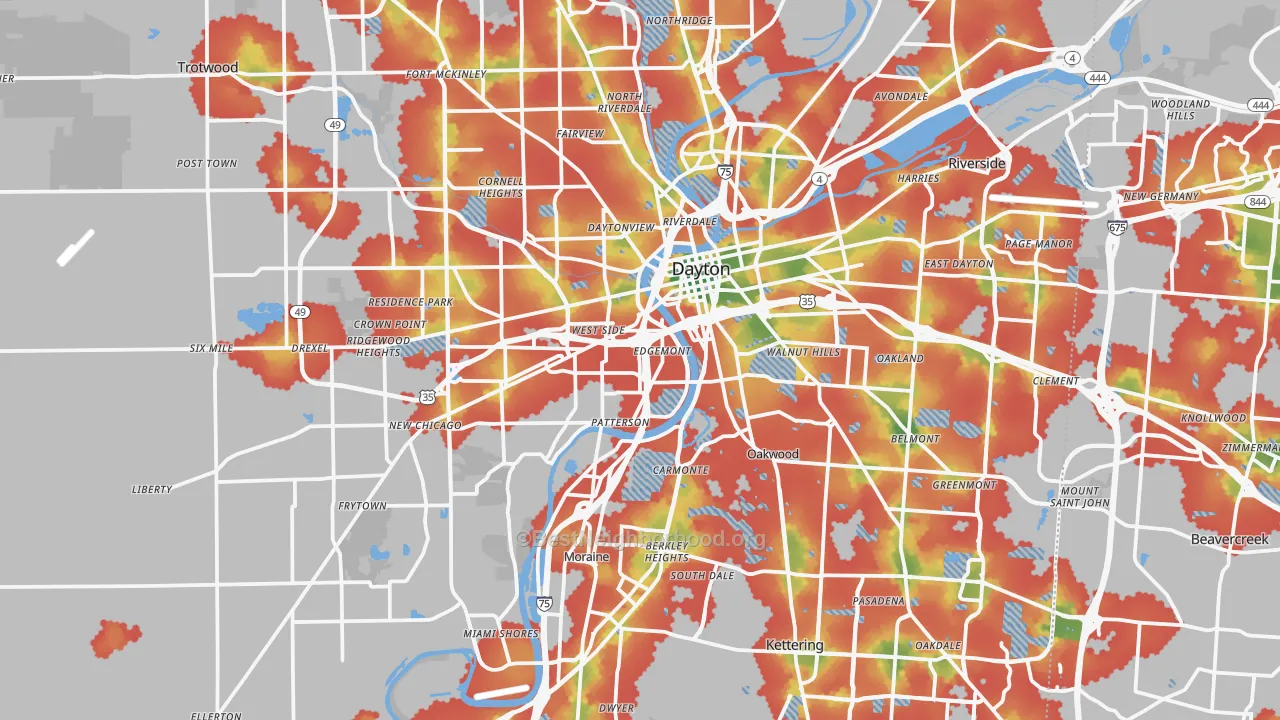 Walk Grade map of Montgomery County, OH, walkable areas in green and car-dependent areas in red