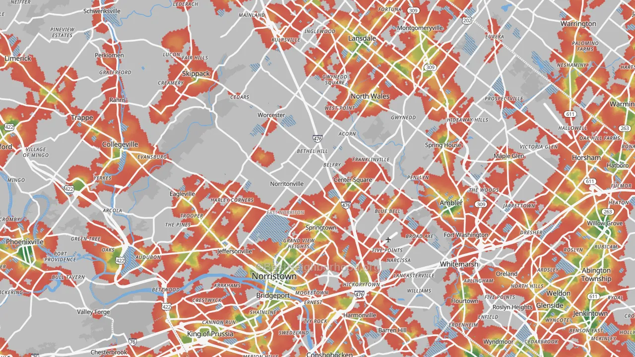 Walk Grade map of Montgomery County, PA, walkable areas in green and car-dependent areas in red