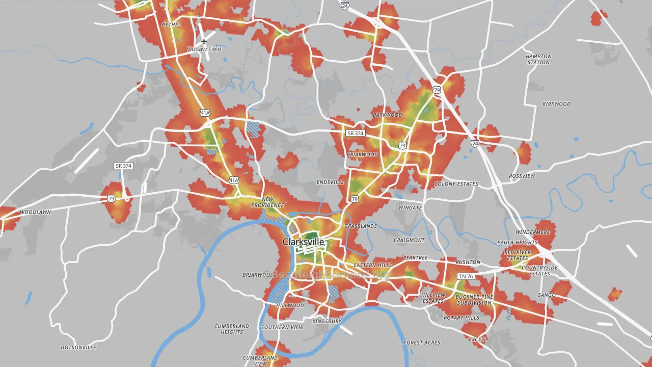 Walk Grade map of Montgomery County, TN, walkable areas in green and car-dependent areas in red
