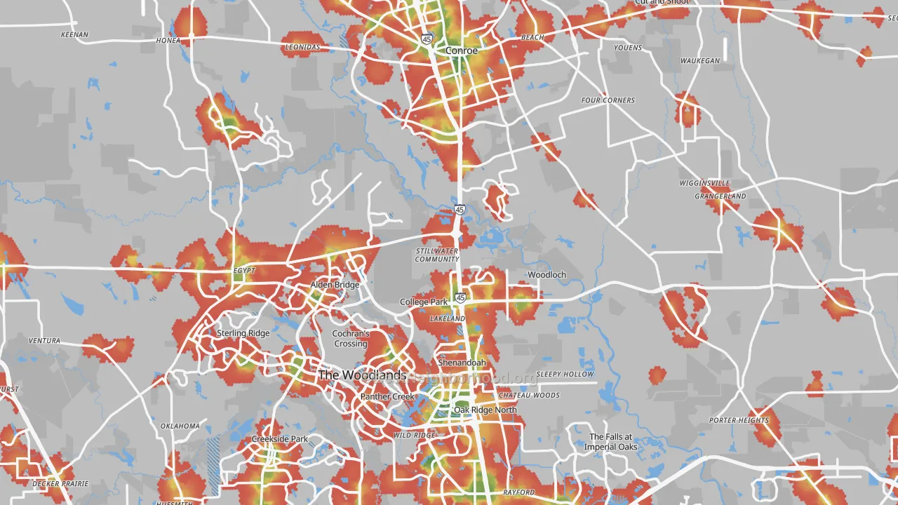 Walk Grade map of Montgomery County, TX, walkable areas in green and car-dependent areas in red