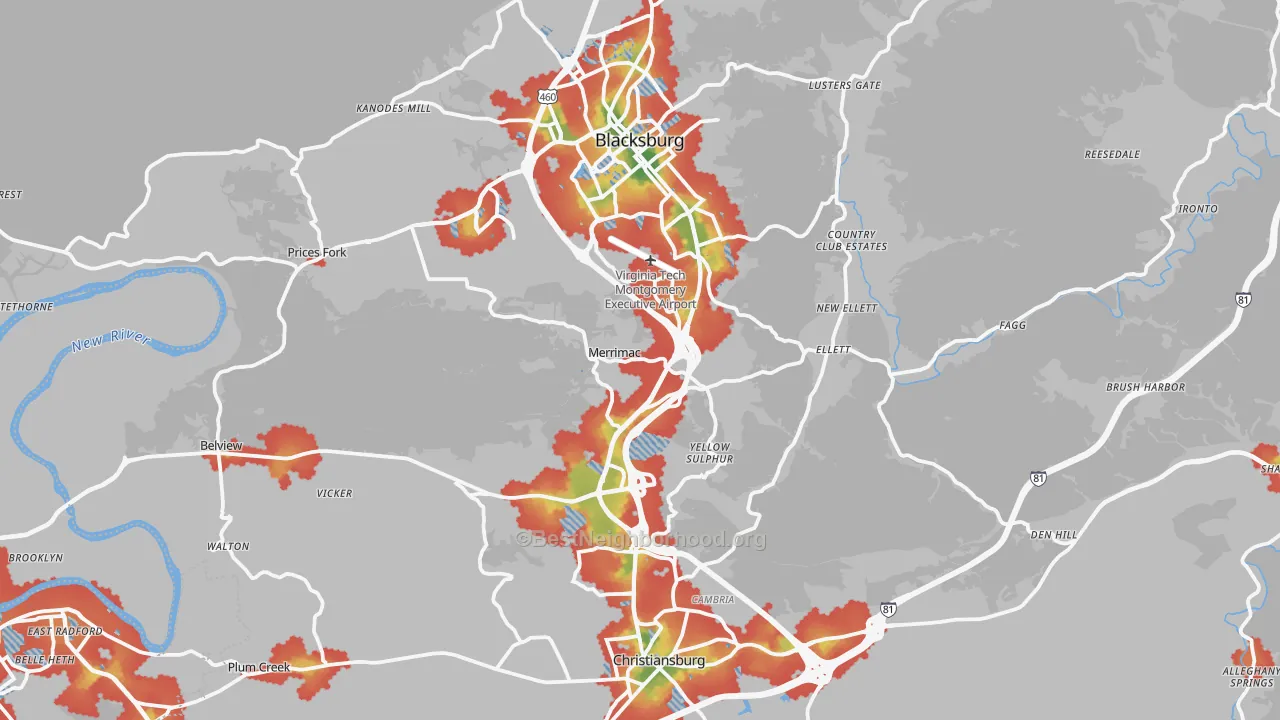 Walk Grade map of Montgomery County, VA, walkable areas in green and car-dependent areas in red