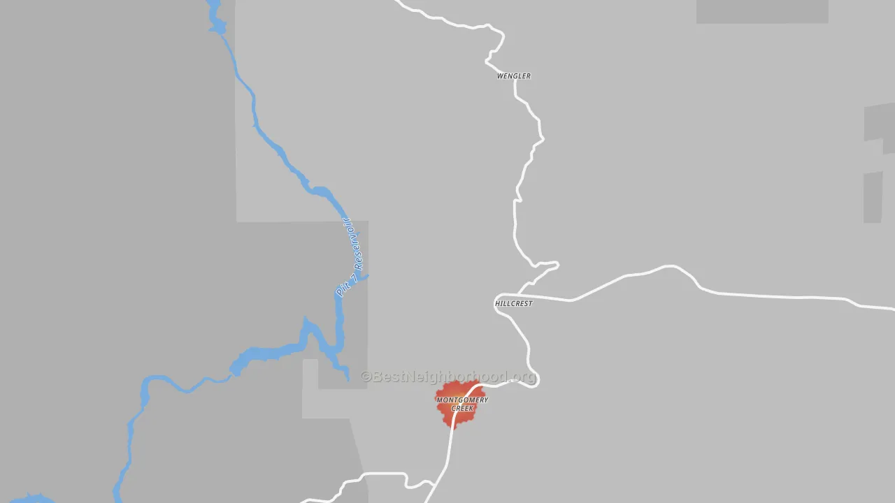Walk Grade map of Montgomery Creek, CA, walkable areas in green and car-dependent areas in red
