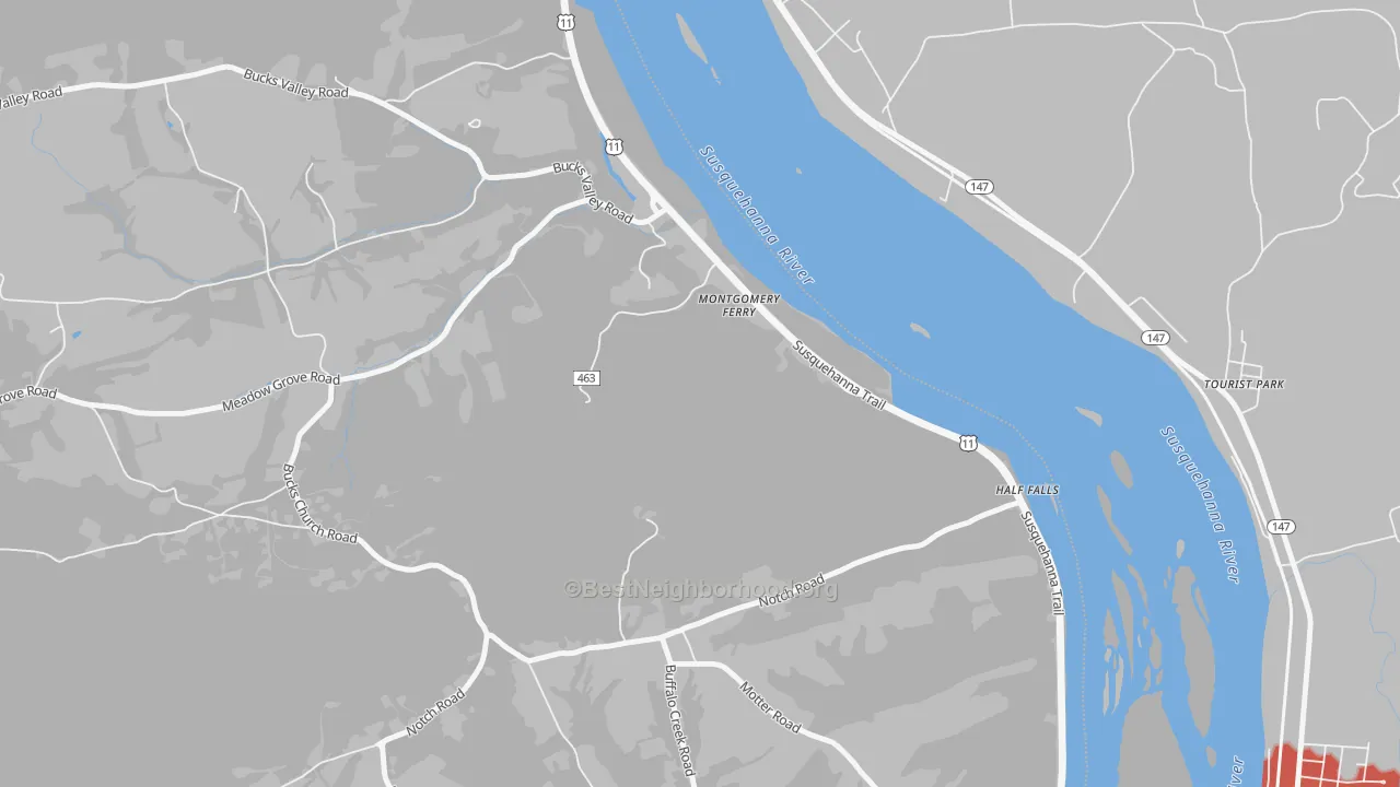 Walk Grade map of Montgomery Ferry, PA, walkable areas in green and car-dependent areas in red