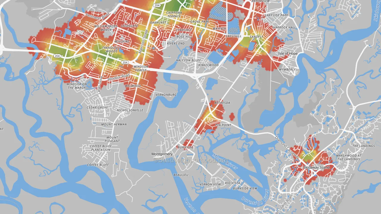 Walk Grade map of Montgomery, GA, walkable areas in green and car-dependent areas in red