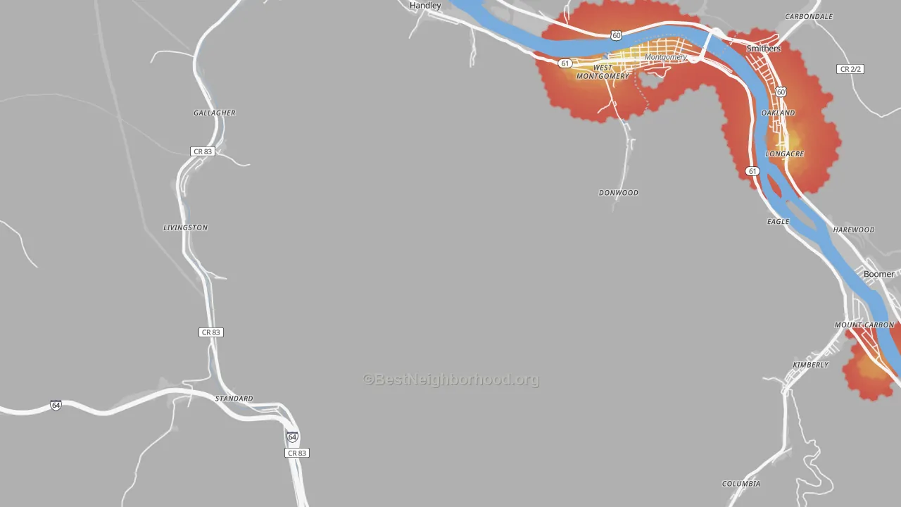 Walk Grade map of Montgomery Heights, WV, walkable areas in green and car-dependent areas in red