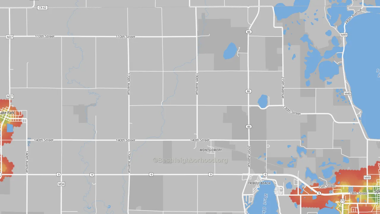 Walk Grade map of Montgomery, IA, walkable areas in green and car-dependent areas in red
