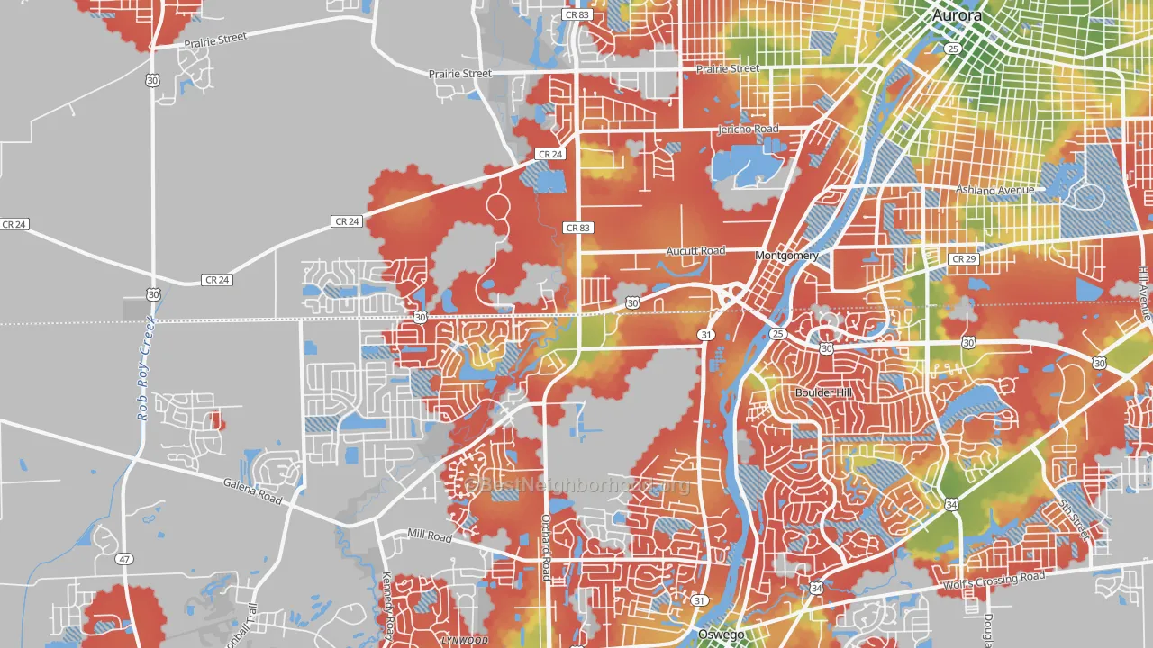 Walk Grade map of Montgomery, IL, walkable areas in green and car-dependent areas in red
