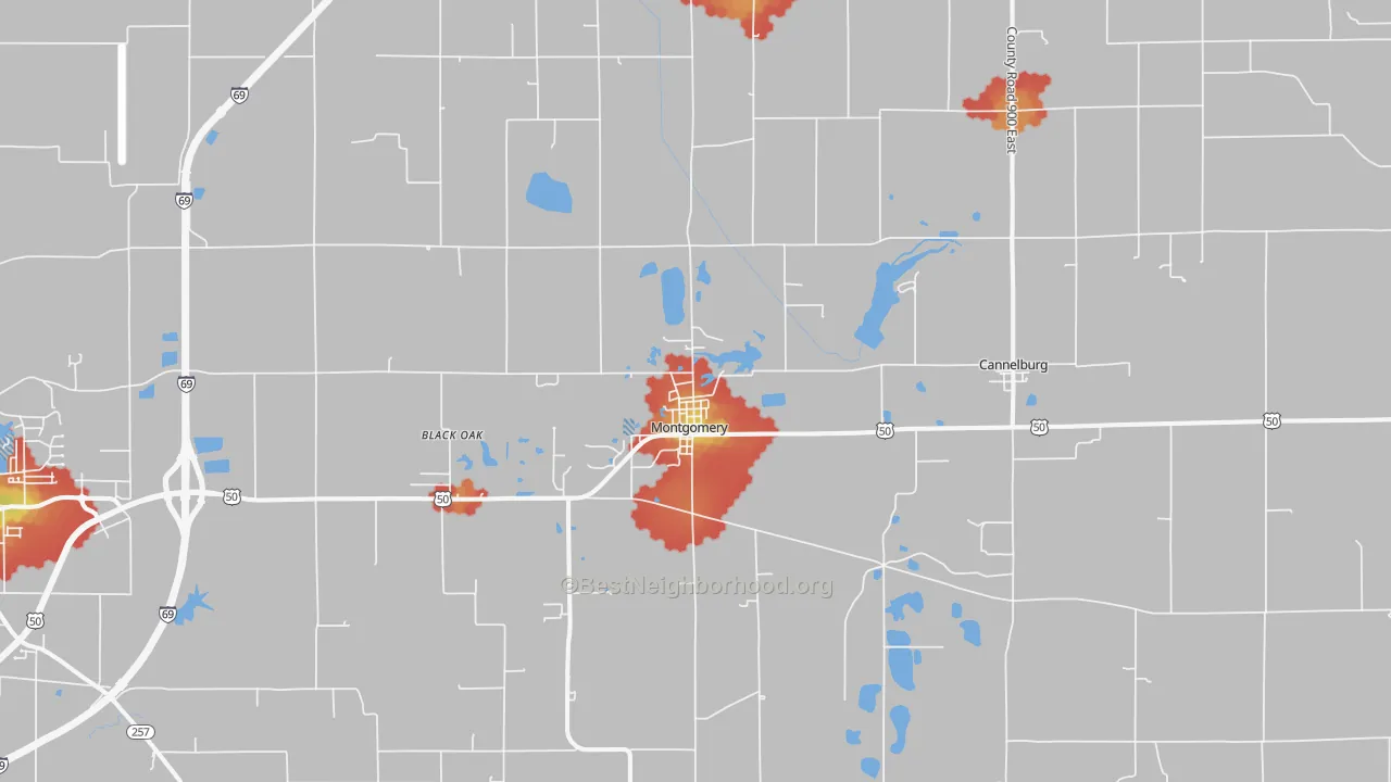 Walk Grade map of Montgomery, IN, walkable areas in green and car-dependent areas in red