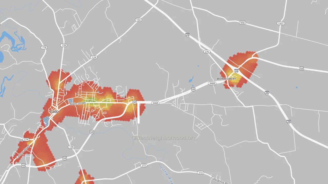 Walk Grade map of Montgomery, KY, walkable areas in green and car-dependent areas in red