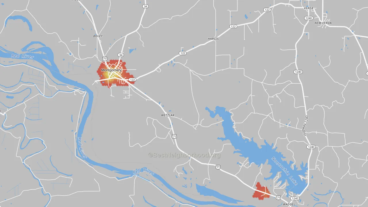 Walk Grade map of Montgomery, LA, walkable areas in green and car-dependent areas in red