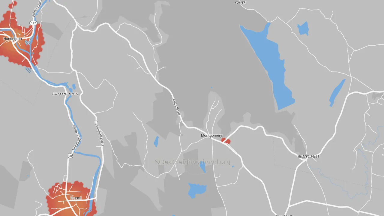 Walk Grade map of Montgomery, MA, walkable areas in green and car-dependent areas in red