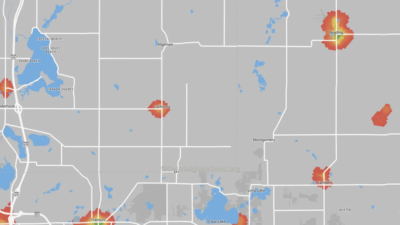 Walk Grade map of Montgomery, MI, walkable areas in green and car-dependent areas in red