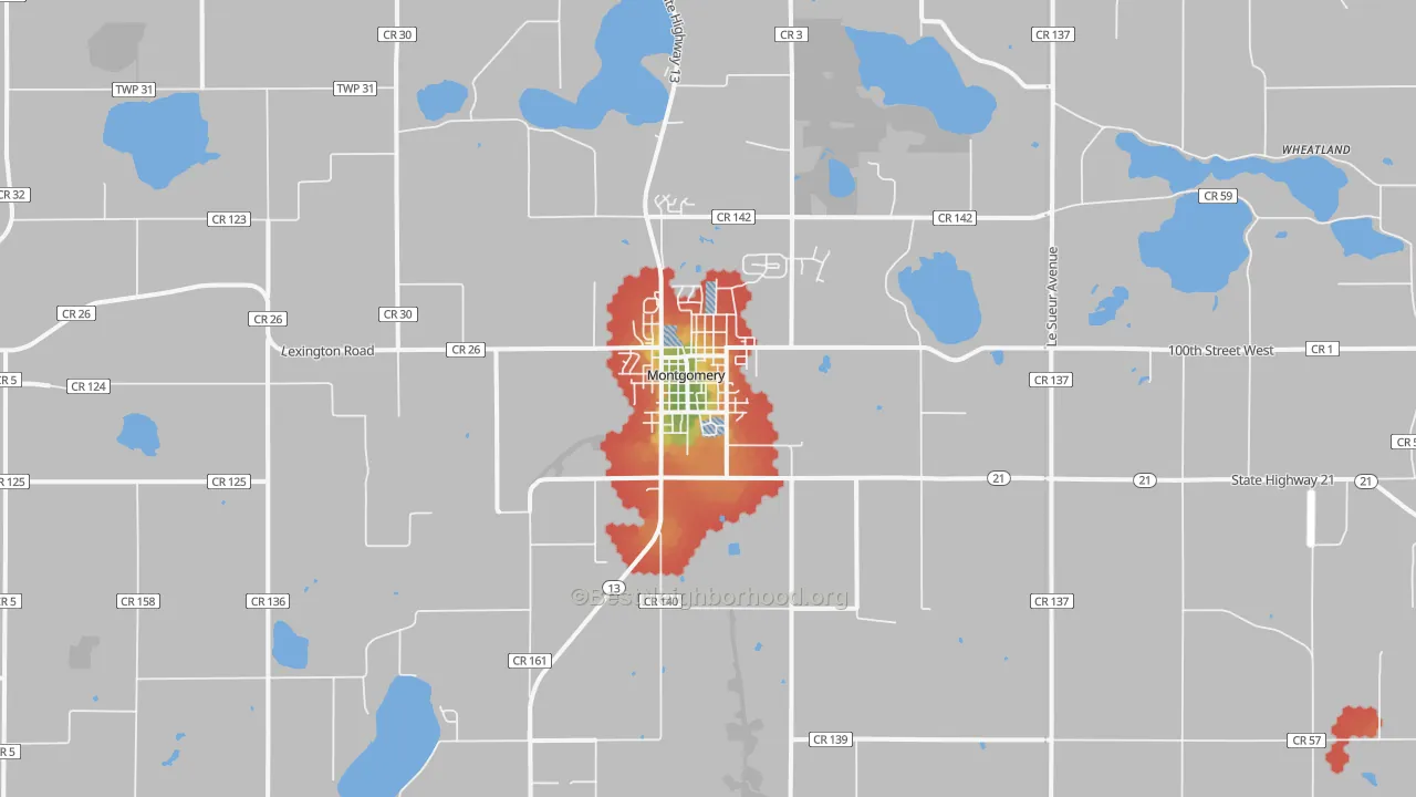 Walk Grade map of Montgomery, MN, walkable areas in green and car-dependent areas in red