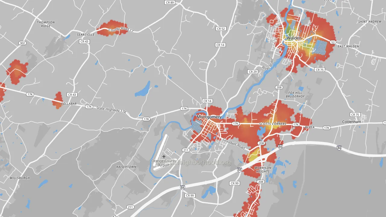 Walk Grade map of Montgomery, NY, walkable areas in green and car-dependent areas in red