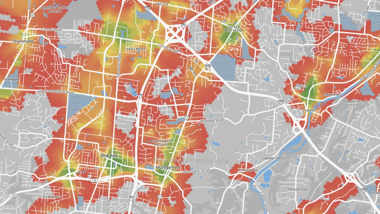 Walk Grade map of Montgomery, OH, walkable areas in green and car-dependent areas in red