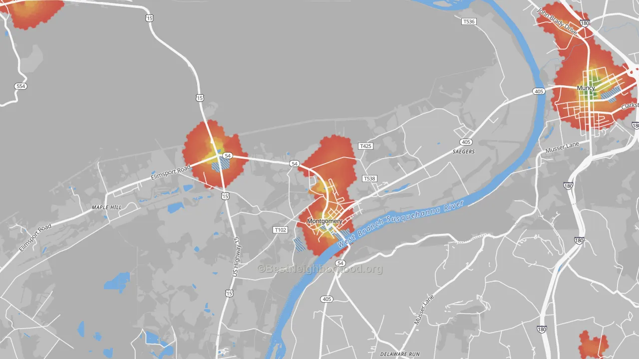 Walk Grade map of Montgomery, PA, walkable areas in green and car-dependent areas in red
