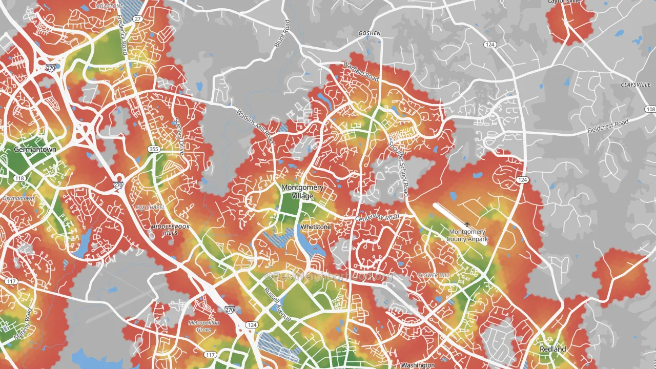 Walk Grade map of Montgomery Village, MD, walkable areas in green and car-dependent areas in red