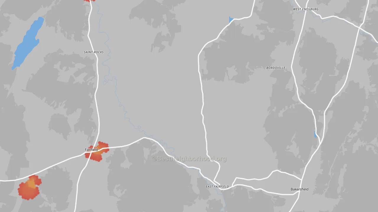 Walk Grade map of Montgomery, VT, walkable areas in green and car-dependent areas in red