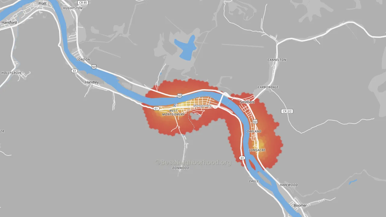 Walk Grade map of Montgomery, WV, walkable areas in green and car-dependent areas in red