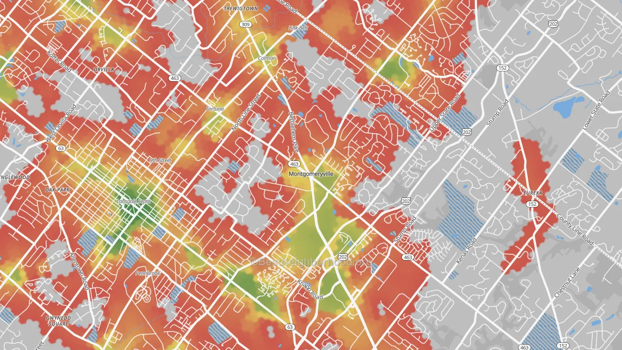 Walk Grade map of Montgomeryville, PA, walkable areas in green and car-dependent areas in red