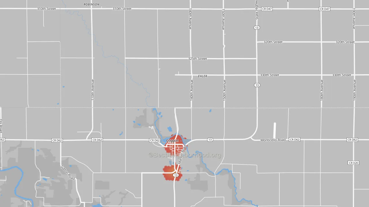Walk Grade map of Monti, IA, walkable areas in green and car-dependent areas in red