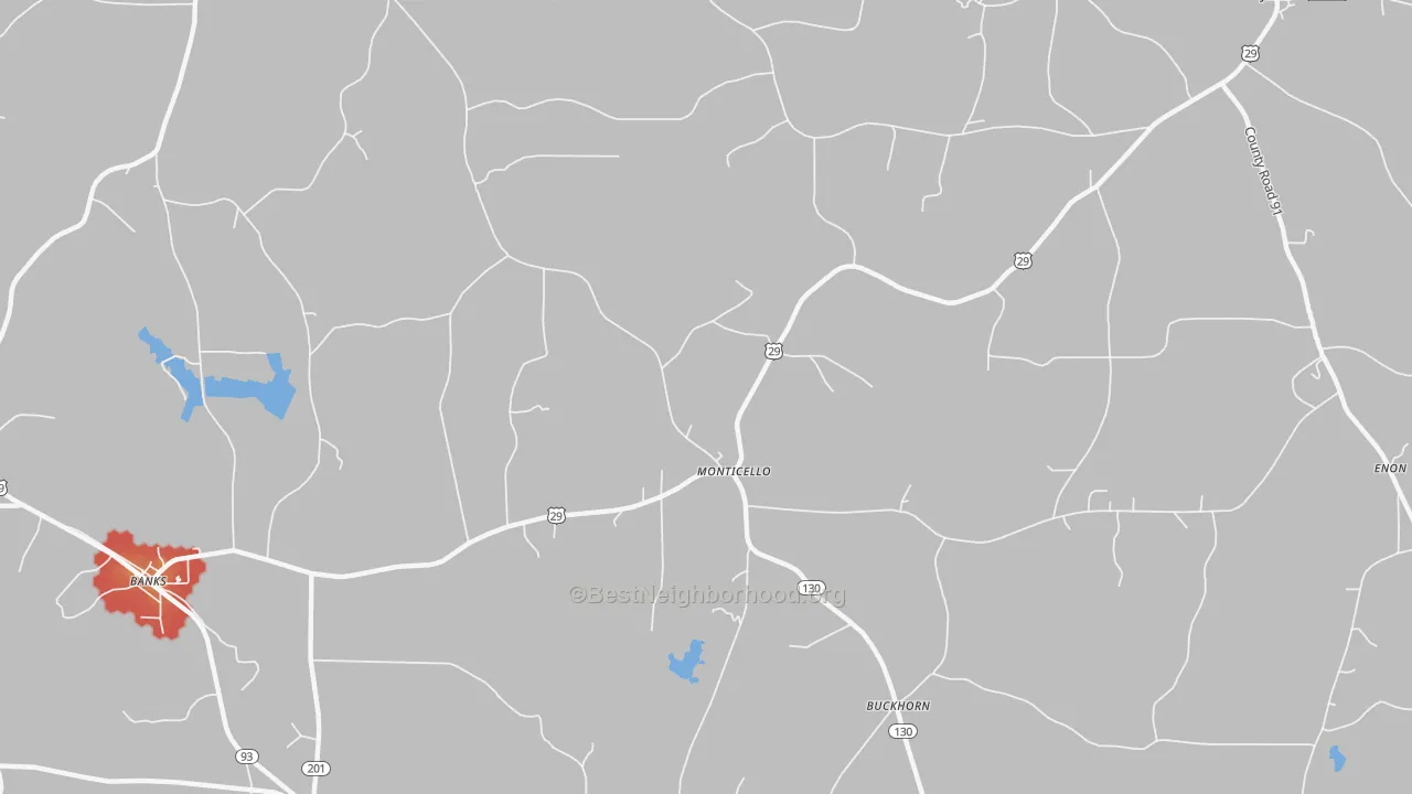 Walk Grade map of Monticello, AL, walkable areas in green and car-dependent areas in red