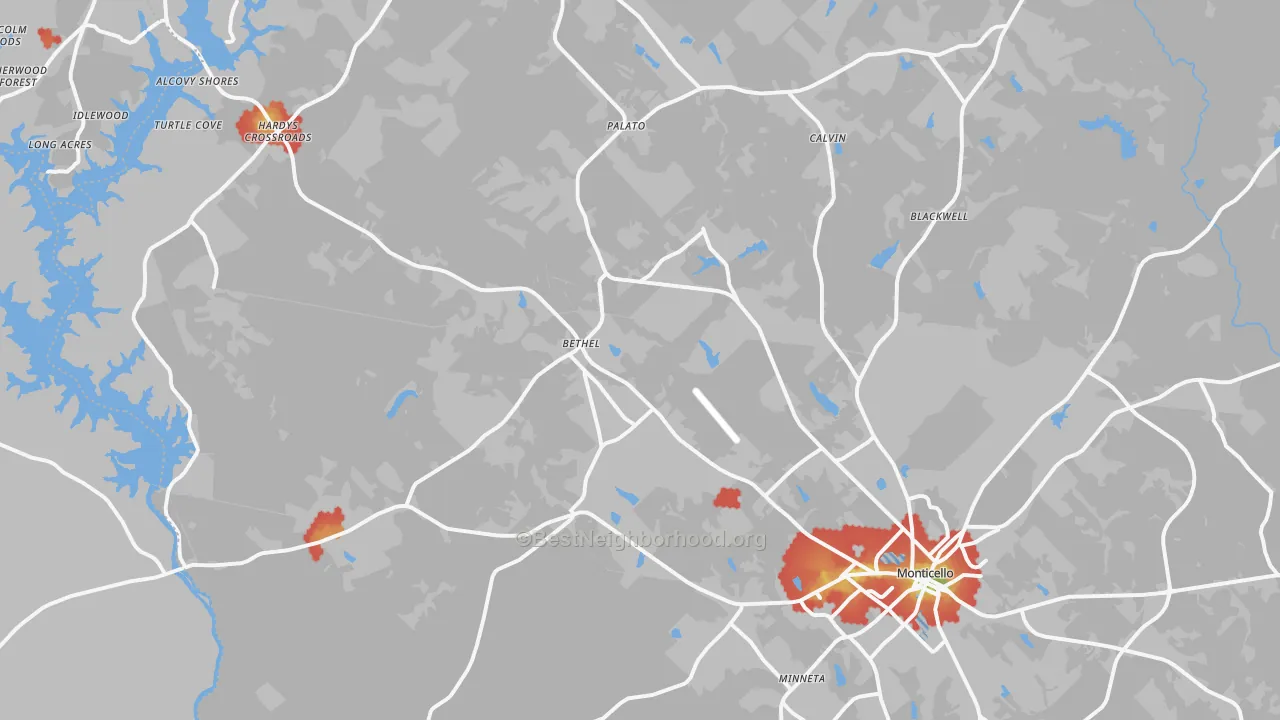 Walk Grade map of Monticello, GA, walkable areas in green and car-dependent areas in red