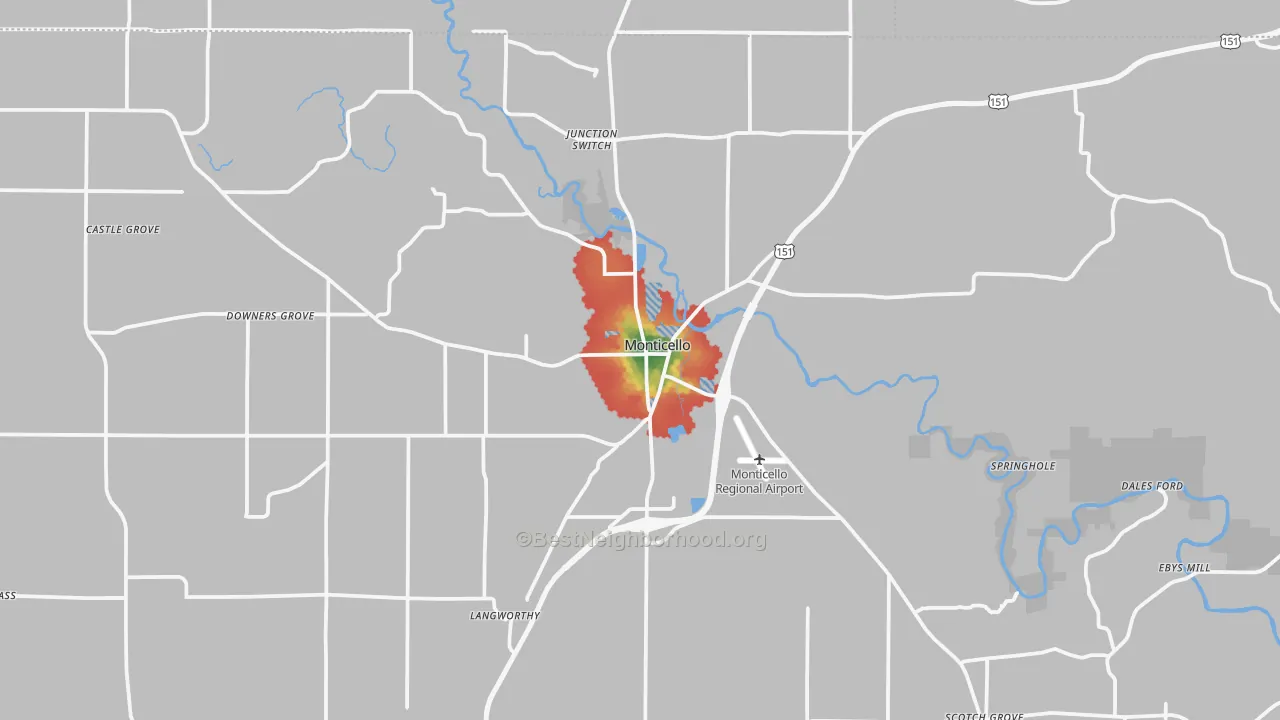 Walk Grade map of Monticello, IA, walkable areas in green and car-dependent areas in red
