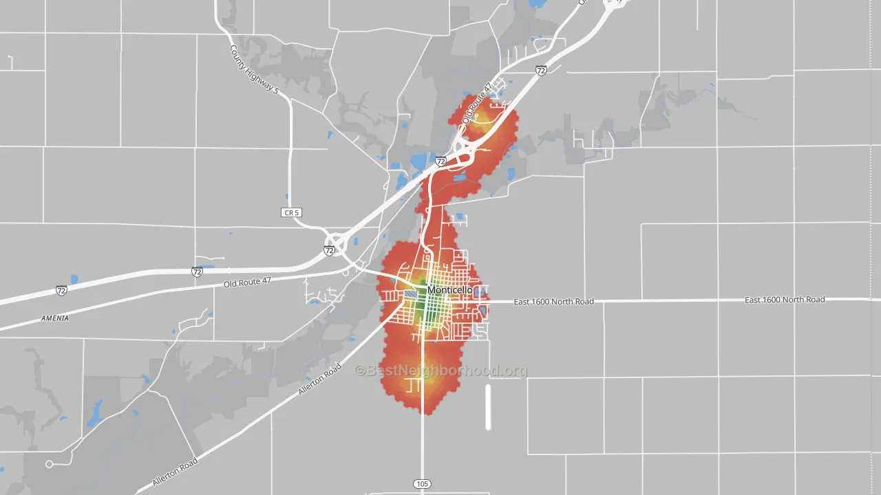 Walk Grade map of Monticello, IL, walkable areas in green and car-dependent areas in red