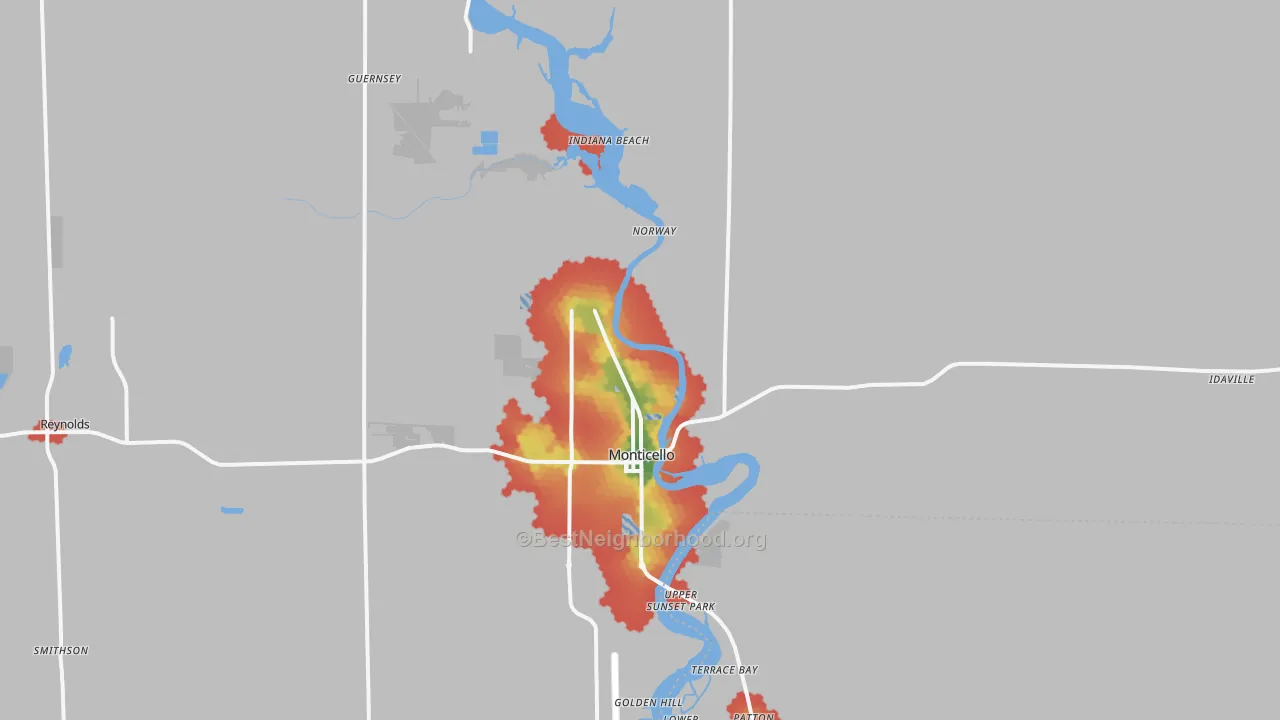 Walk Grade map of Monticello, IN, walkable areas in green and car-dependent areas in red