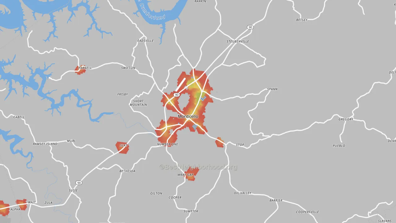Walk Grade map of Monticello, KY, walkable areas in green and car-dependent areas in red