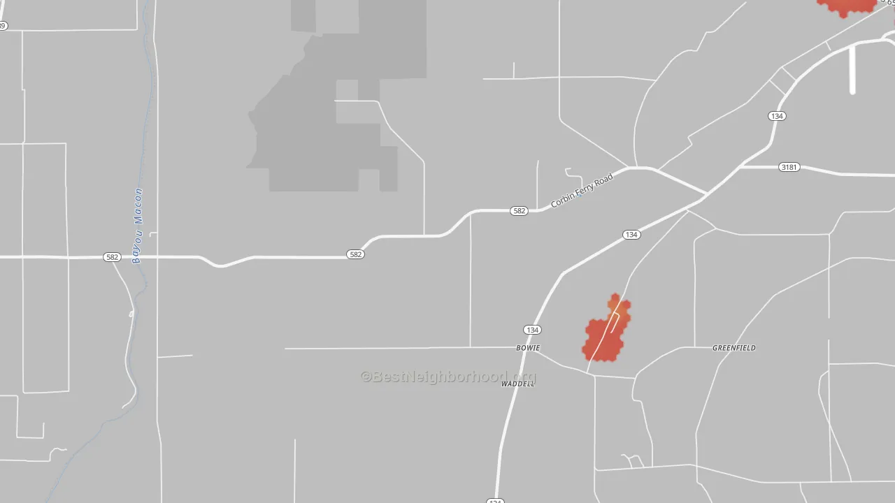 Walk Grade map of Monticello, LA, walkable areas in green and car-dependent areas in red