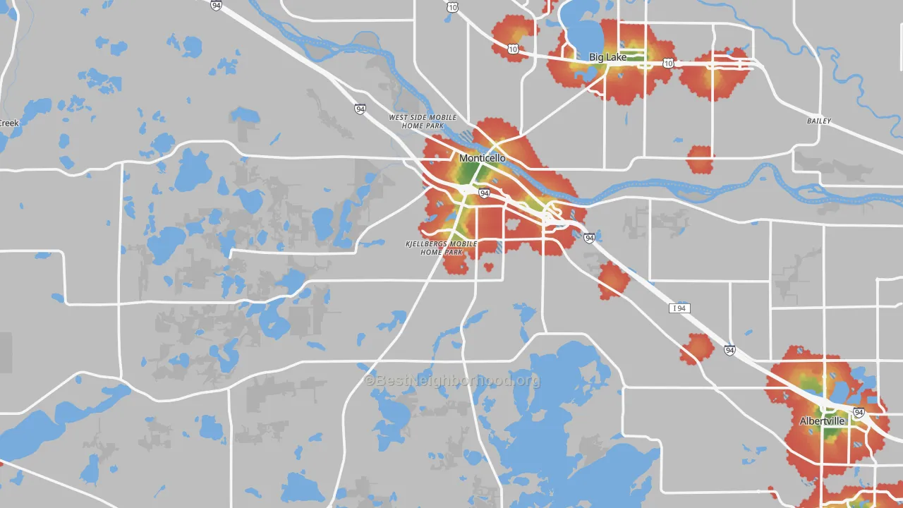 Walk Grade map of Monticello, MN, walkable areas in green and car-dependent areas in red
