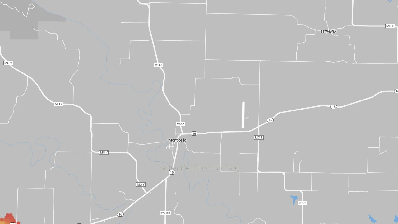 Walk Grade map of Monticello, MO, walkable areas in green and car-dependent areas in red