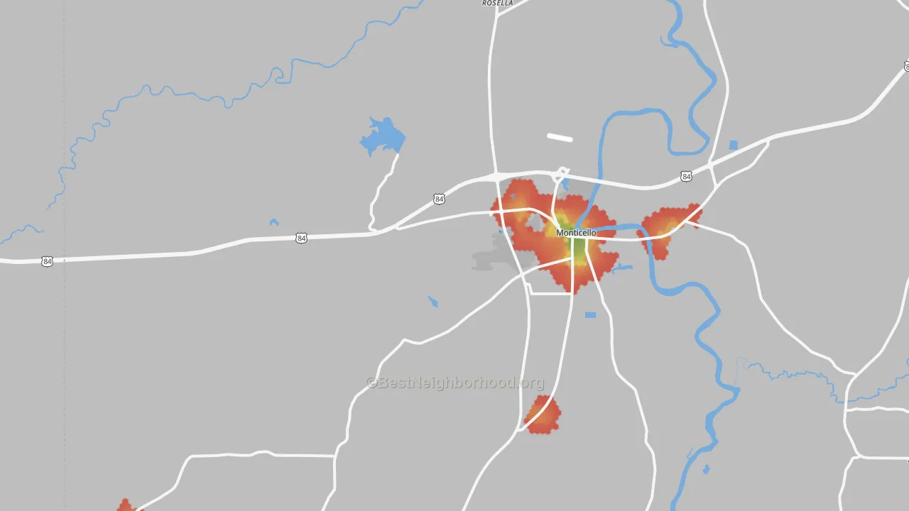 Walk Grade map of Monticello, MS, walkable areas in green and car-dependent areas in red