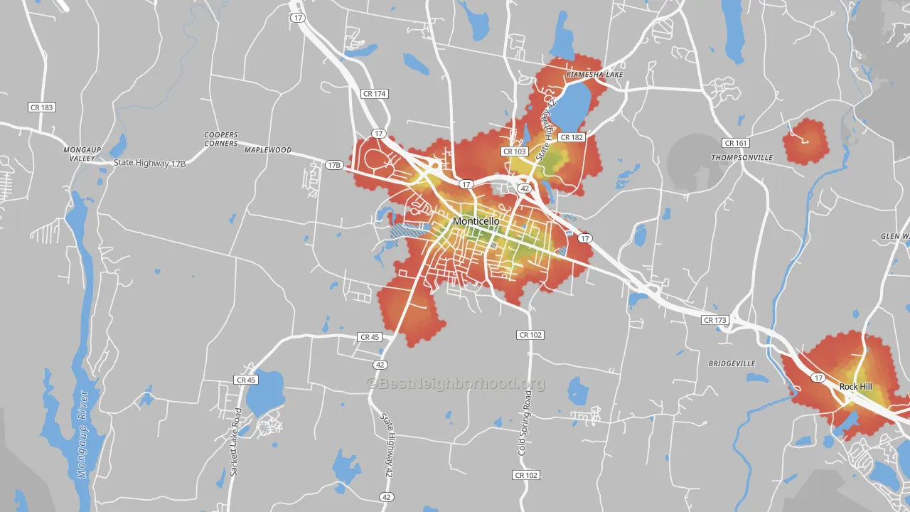Walk Grade map of Monticello, NY, walkable areas in green and car-dependent areas in red