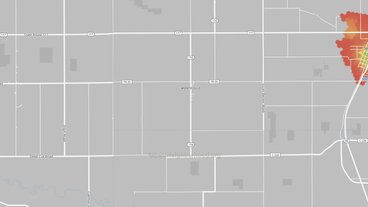 Walk Grade map of Monticello, OH, walkable areas in green and car-dependent areas in red