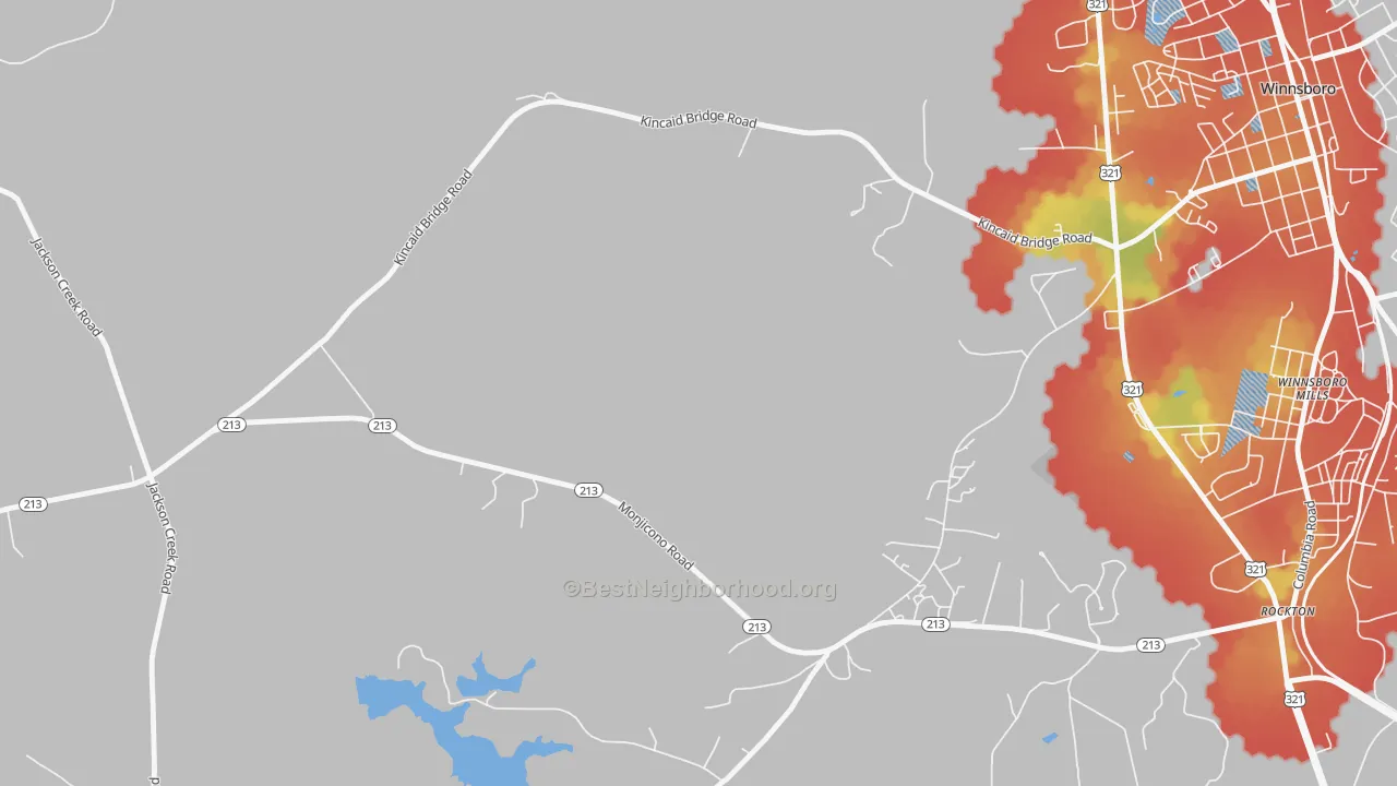 Walk Grade map of Monticello, SC, walkable areas in green and car-dependent areas in red