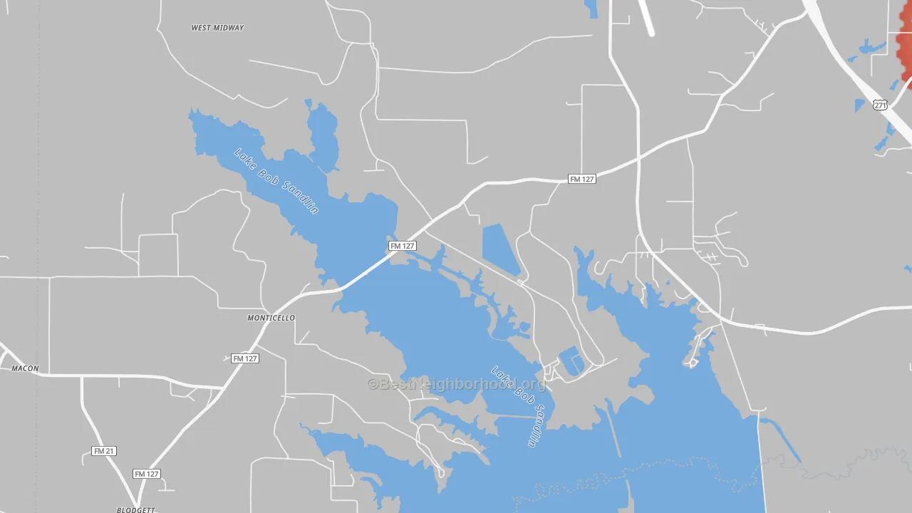 Walk Grade map of Monticello, TX, walkable areas in green and car-dependent areas in red