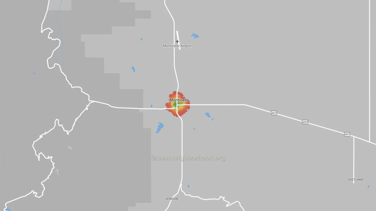 Walk Grade map of Monticello, UT, walkable areas in green and car-dependent areas in red