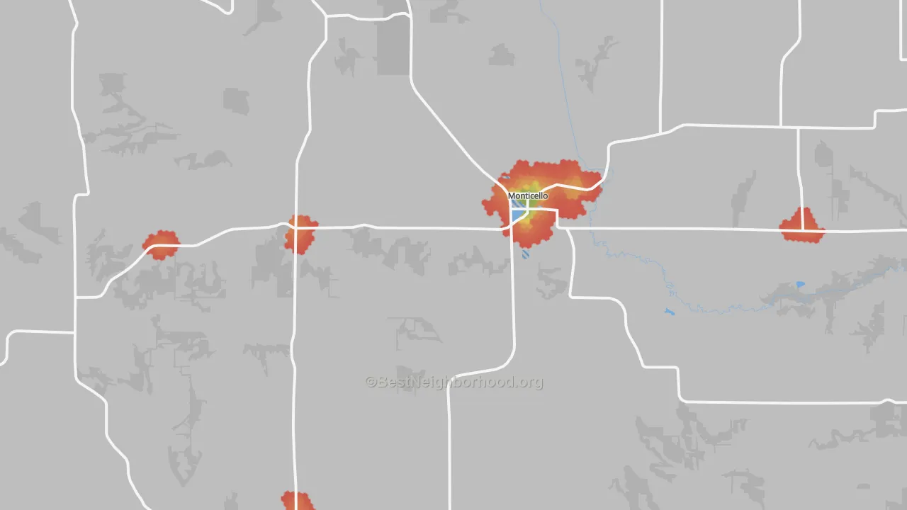 Walk Grade map of Monticello, WI, walkable areas in green and car-dependent areas in red