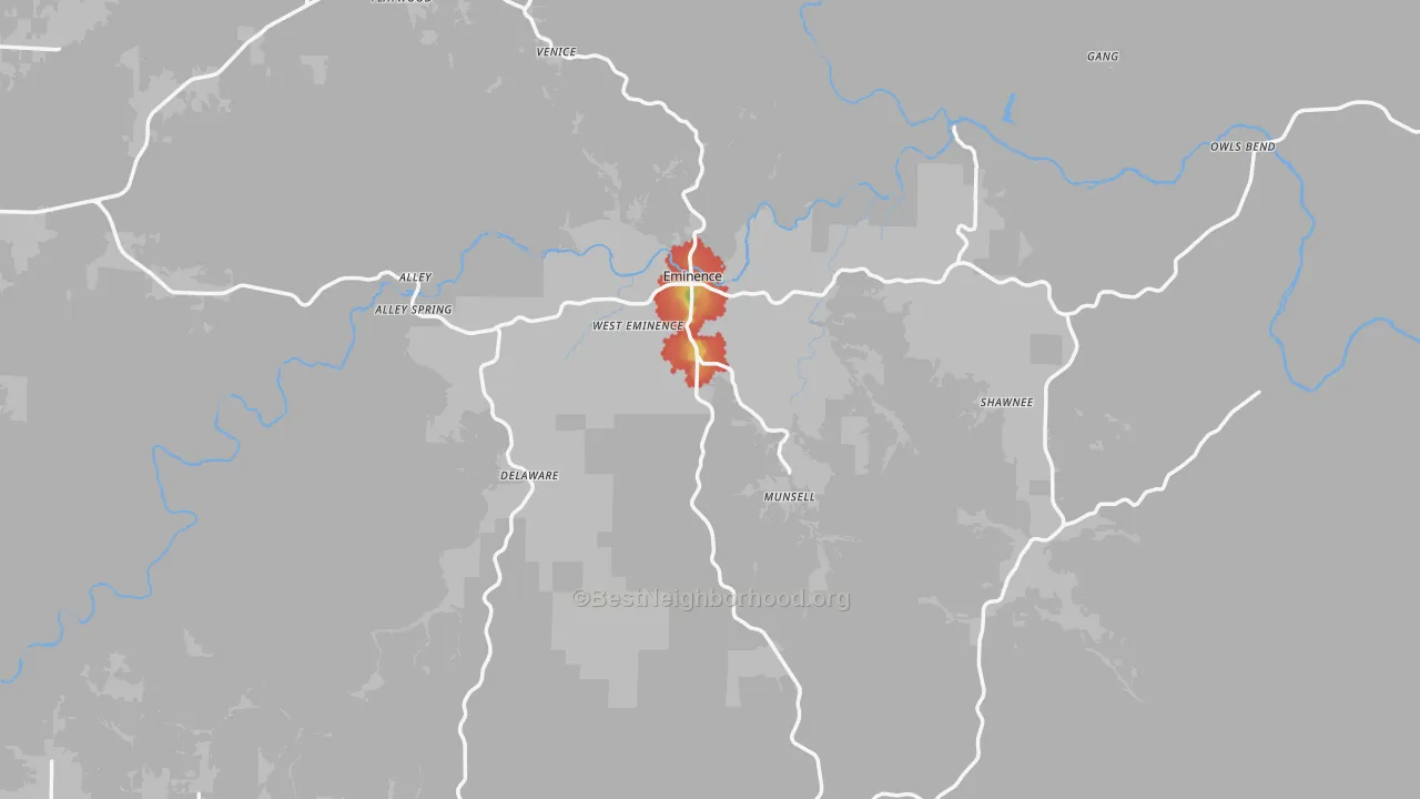 Walk Grade map of Montier, MO, walkable areas in green and car-dependent areas in red